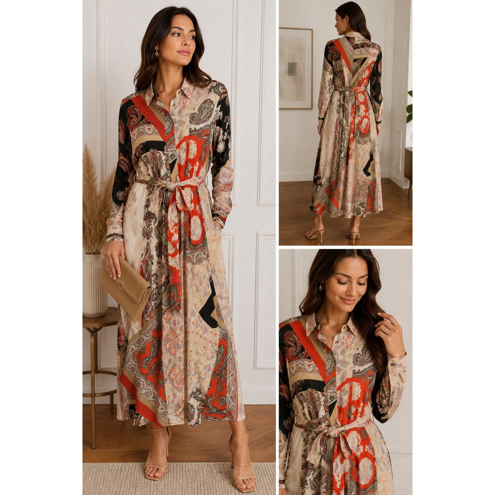 Massimo Dutti Paisley Patchwork Maxi Shirt Dress 4 Red Black Boho Eclectic Mod
